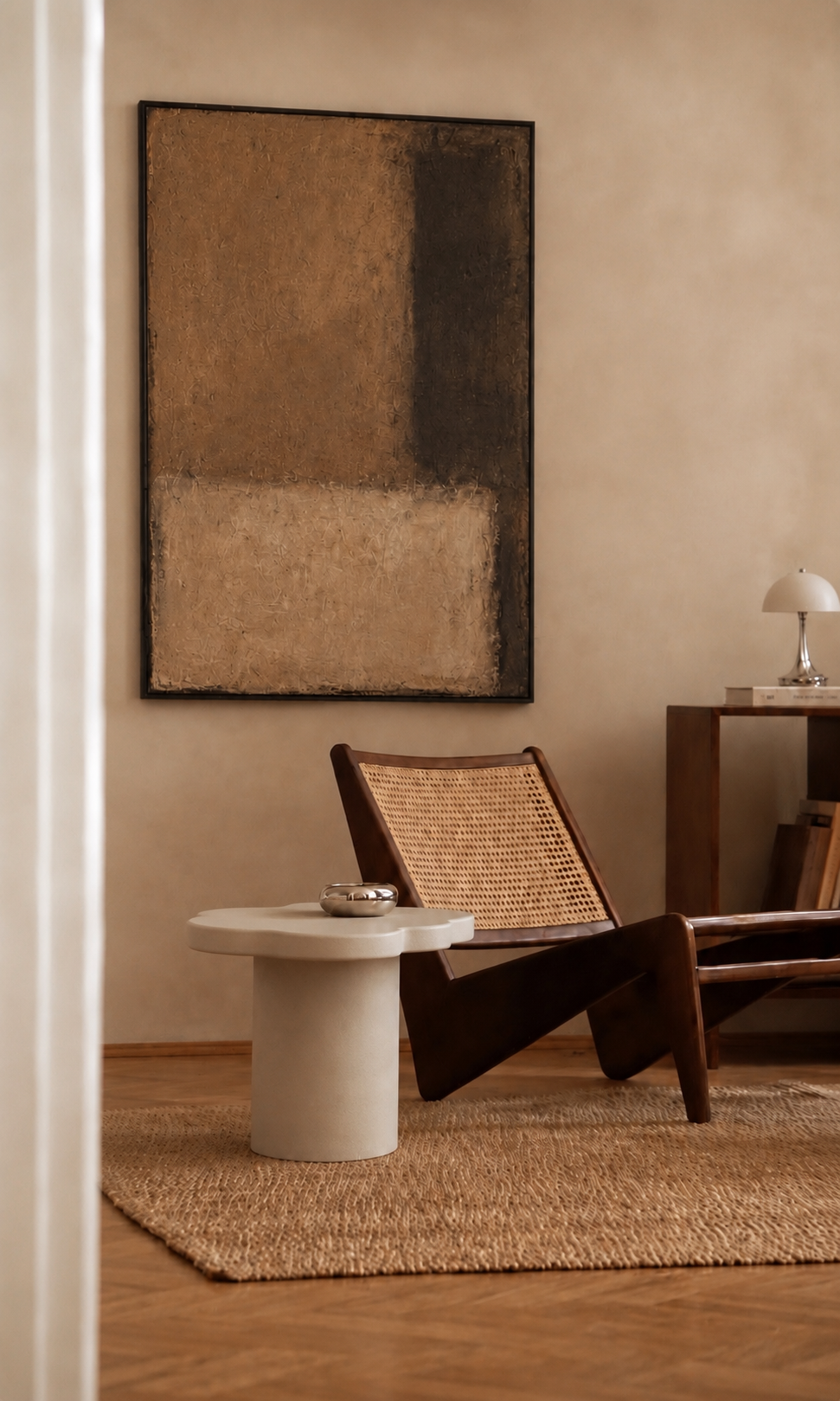 Mesa auxiliar de microcemento Cala 01 en un interior contemporáneo